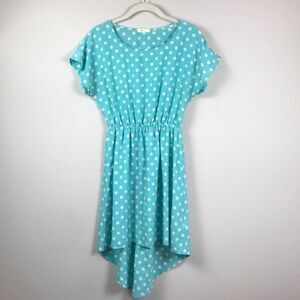 Everly Small High Low Short Sleeve Light Blue & White Polka Dot Dress Spring